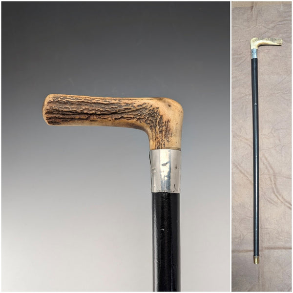 アンティーク ブラックシャフト 純銀装飾 アントラーL字ハンドル ステッキ 杖 86cm