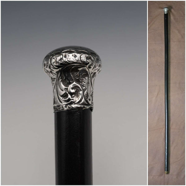 1892 English Antique Black Shaft Sterling Silver Rondel Handle Walking Stick Cane 90cm