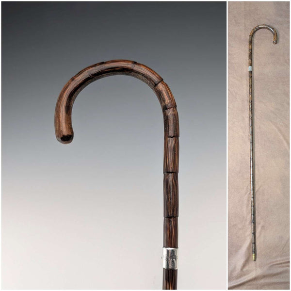 1908年 英国アンティーク ブラウンシャフト 曲がりハンドル 純銀装飾 軽量ステッキ 杖 80cm
