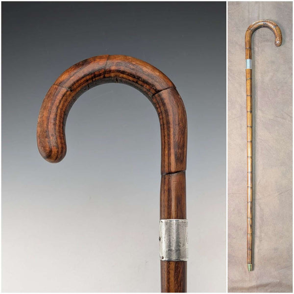 1934年 英国ヴィンテージ タンシャフト 曲がりハンドル 純銀装飾 ステッキ 杖 83cm