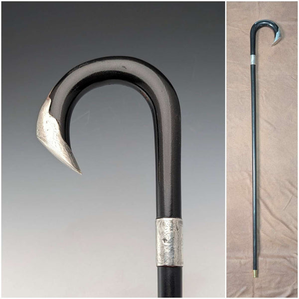 1903 British antique black shaft curved handle pure silver decorated walking stick 92cm