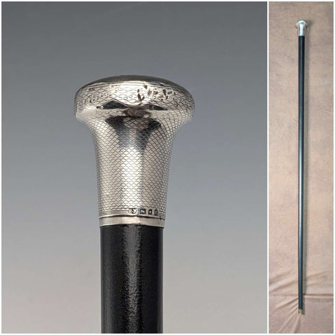 1920 British antique black shaft sterling silver round handle walking stick 88cm Ebenezer Newman