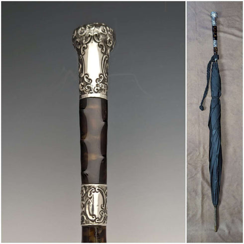 1905 British Antique Men's Umbrella Sterling Silver & Tortoiseshell Resin Handle 86cm S.FOX&Co.