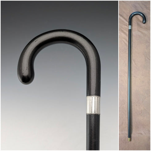 1927年 英国ヴィンテージ 黒軸 曲がりハンドル 純銀装飾 ステッキ 杖 88cm J Howell&Co