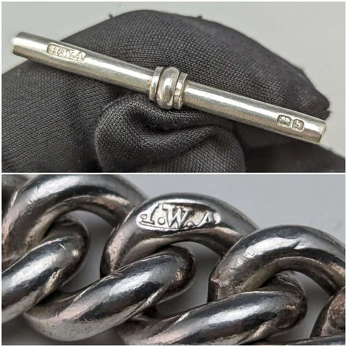 Around 1907 British Antique Sterling Silver Albert Chain 50g Crow & Bowl Fob