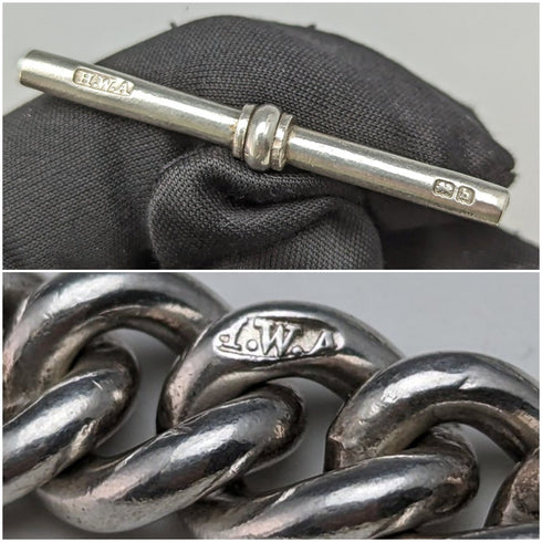 1907年頃 英国アンティーク 純銀製アルバートチェーン 50g クロウ&ボウルフォブ