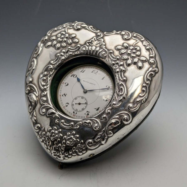 Around 1899 British Antique Heart-Shaped Sterling Silver Pocket Watch Holder with REVUE Pocket Watch