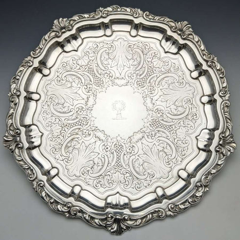 1898 British Antique Sterling Silver (925 Silver) Legless Salva Diameter 30cm 670g Henry Bourne