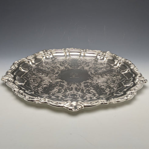 1898年 英国アンティーク 純銀(925シルバー) 脚なしサルヴァ 直径30cm 670g Henry Bourne