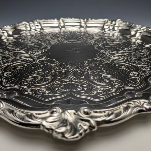 1898年 英国アンティーク 純銀(925シルバー) 脚なしサルヴァ 直径30cm 670g Henry Bourne