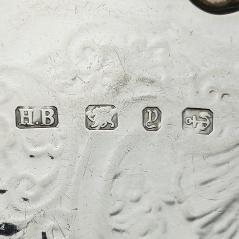 1898年 英国アンティーク 純銀(925シルバー) 脚なしサルヴァ 直径30cm 670g Henry Bourne