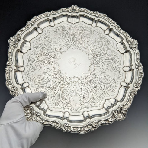 1898年 英国アンティーク 純銀(925シルバー) 脚なしサルヴァ 直径30cm 670g Henry Bourne