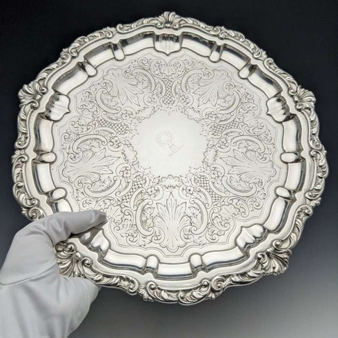 1898 British Antique Sterling Silver (925 Silver) Legless Salva Diameter 30cm 670g Henry Bourne