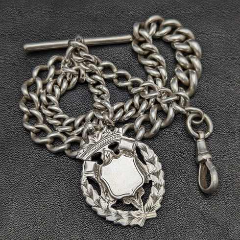 Around 1900 British Antique Pure Silver (925 Silver) Albert Chain 56g Pure Silver Emblem Fob