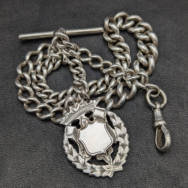 Around 1900 British Antique Pure Silver (925 Silver) Albert Chain 56g Pure Silver Emblem Fob