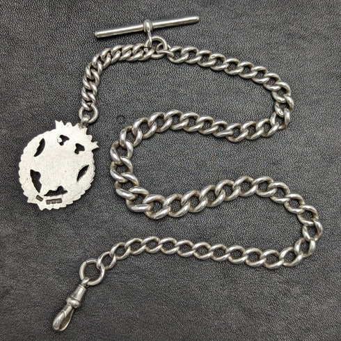 Around 1900 British Antique Pure Silver (925 Silver) Albert Chain 56g Pure Silver Emblem Fob