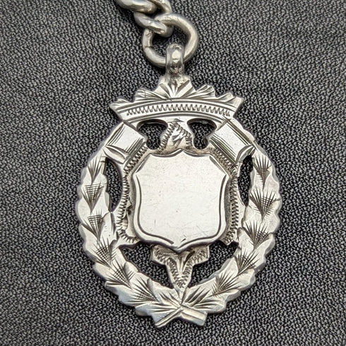 Around 1900 British Antique Pure Silver (925 Silver) Albert Chain 56g Pure Silver Emblem Fob