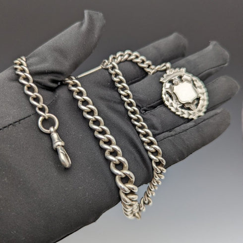 Around 1900 British Antique Pure Silver (925 Silver) Albert Chain 56g Pure Silver Emblem Fob