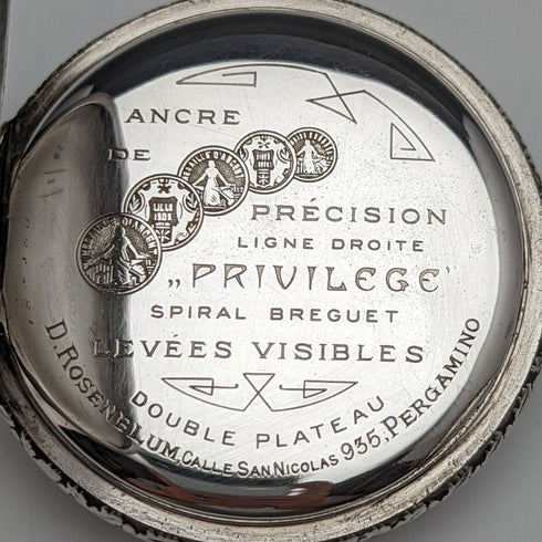 アンティーク スイス PRIVILEGE ボーリング彫刻 銀側 懐中時計 動作良好
