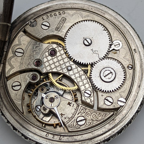 アンティーク スイス PRIVILEGE ボーリング彫刻 銀側 懐中時計 動作良好