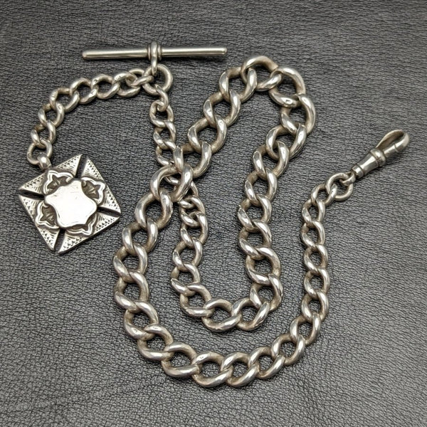 Around 1900 British Antique Pure Silver (925 Silver) Albert Chain Extra Thick 73g Pure Silver Double Sided Fob