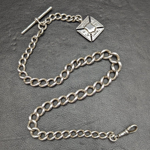 Around 1900 British Antique Pure Silver (925 Silver) Albert Chain Extra Thick 73g Pure Silver Double Sided Fob