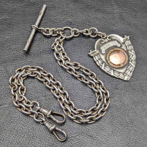 Around 1920 British Antique Pure Silver (925 Silver) Double Albert Chain 52g Pure Silver Emblem Fob