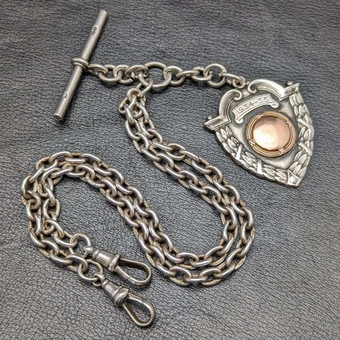 Around 1920 British Antique Pure Silver (925 Silver) Double Albert Chain 52g Pure Silver Emblem Fob