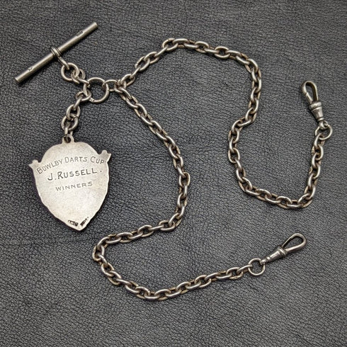 Around 1920 British Antique Pure Silver (925 Silver) Double Albert Chain 52g Pure Silver Emblem Fob