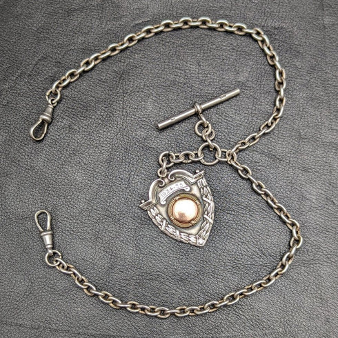 Around 1920 British Antique Pure Silver (925 Silver) Double Albert Chain 52g Pure Silver Emblem Fob