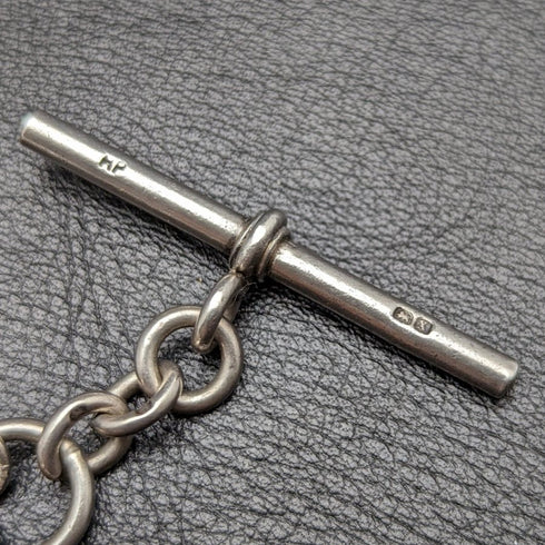 Around 1920 British Antique Pure Silver (925 Silver) Double Albert Chain 52g Pure Silver Emblem Fob