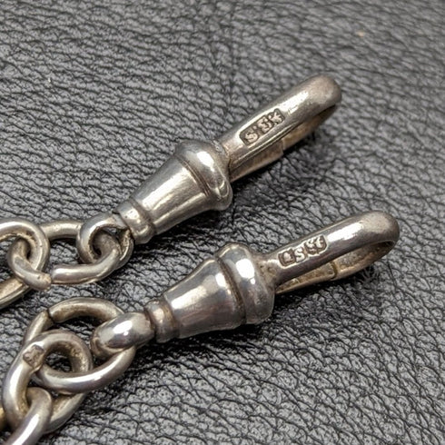 Around 1920 British Antique Pure Silver (925 Silver) Double Albert Chain 52g Pure Silver Emblem Fob