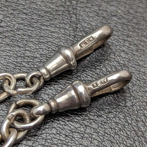 Around 1920 British Antique Pure Silver (925 Silver) Double Albert Chain 52g Pure Silver Emblem Fob
