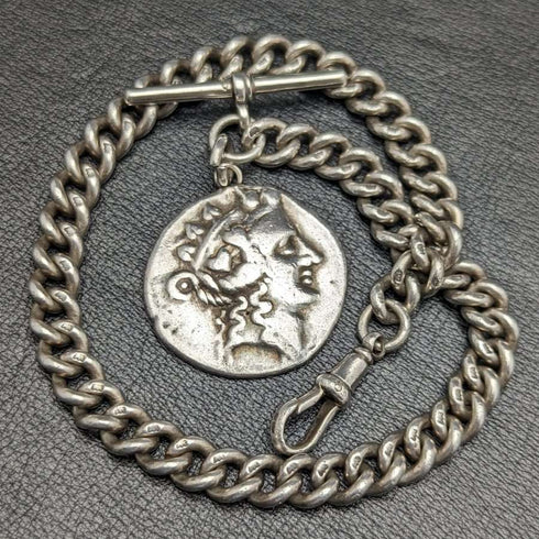 1900年頃 英国アンティーク 純銀(925シルバー)アルバートチェーン 62g ローマ銀貨フォブ