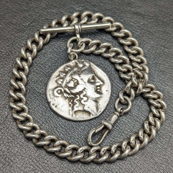 1900年頃 英国アンティーク 純銀(925シルバー)アルバートチェーン 62g ローマ銀貨フォブ