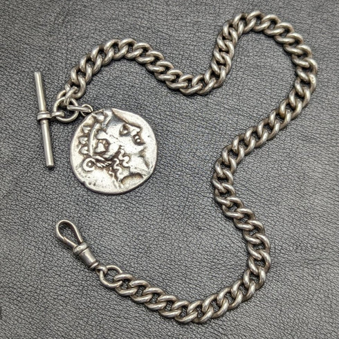 1900 年左右英國古董純銀(925 銀)Albert Chain 62 克羅馬銀 Fob