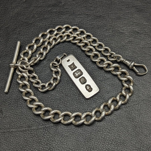 Antigua cadena Albert de plata de ley (925) extra gruesa, Reino Unido, circa 1900, 75 g, con lingote de plata pura.