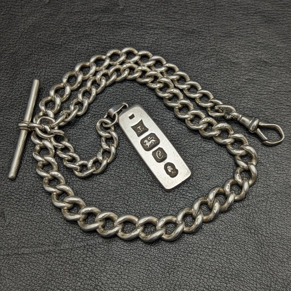Around 1900 British Antique Pure Silver (925 Silver) Thick Albert Chain 75g Pure Silver Ingot Fob