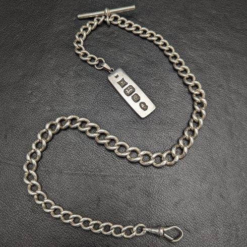 1900年頃 英国アンティーク 純銀(925シルバー)極太アルバートチェーン 75g 純銀インゴットフォブ