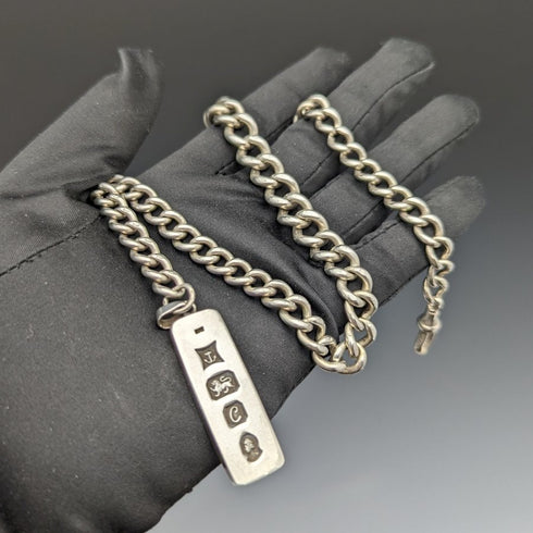 1900年頃 英国アンティーク 純銀(925シルバー)極太アルバートチェーン 75g 純銀インゴットフォブ