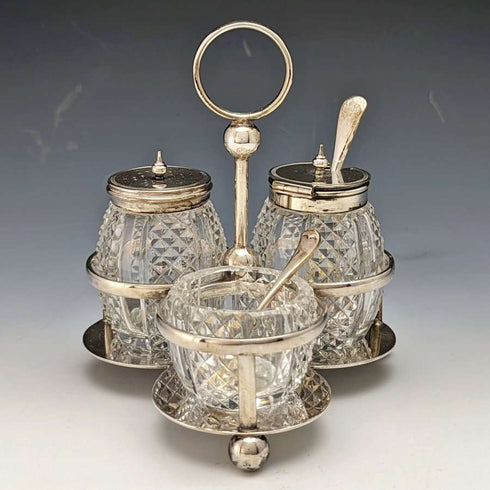 Around 1902 British antique pure silver & cut glass seasoning set 366g ELKINGTON & Co
