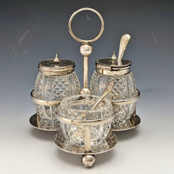 Around 1902 British antique pure silver & cut glass seasoning set 366g ELKINGTON & Co
