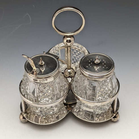 1902 年左右英國古董純銀和切割玻璃調味料套裝 366 克 ELKINGTON & Co