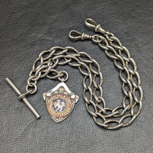 1899 British Antique Pure Silver (925 Silver) Double Albert Chain 57g Medal Fob