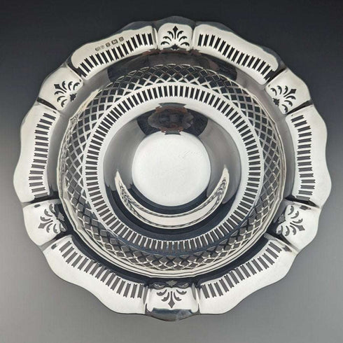 Frutero / compotera vintage de plata de ley (925) británica, 1938, diámetro 26 cm, 470 g, Joseph Gloster Ltd