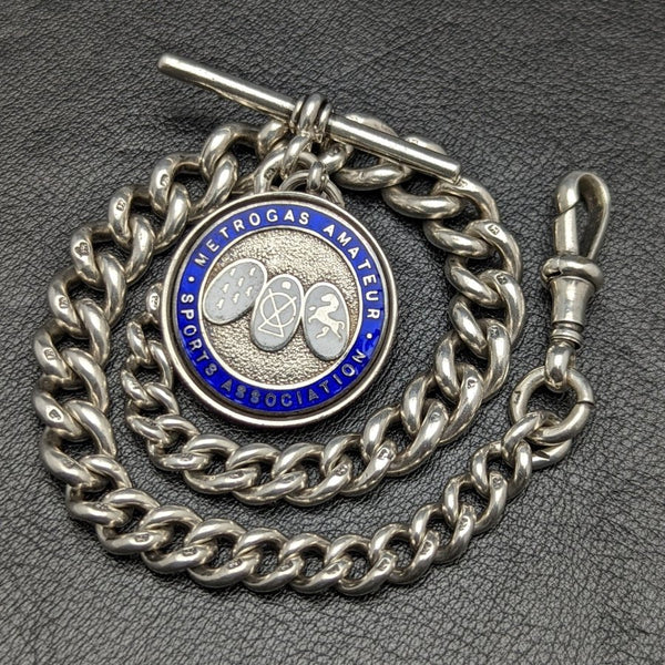 1920s British Antique Extra Thick Pure Silver (925 Silver) Albert Chain 75g Medal Fob