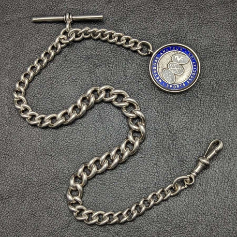 1920s British Antique Extra Thick Pure Silver (925 Silver) Albert Chain 75g Medal Fob
