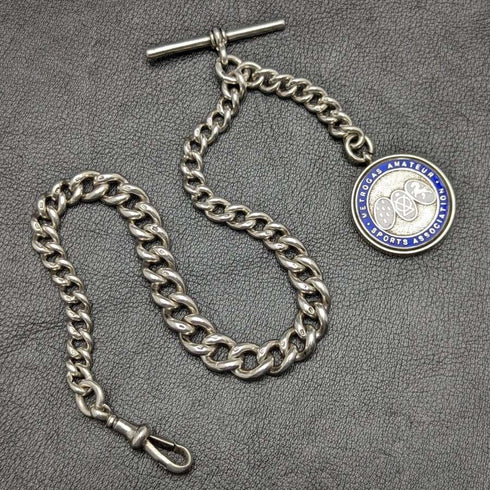 1920s British Antique Extra Thick Pure Silver (925 Silver) Albert Chain 75g Medal Fob