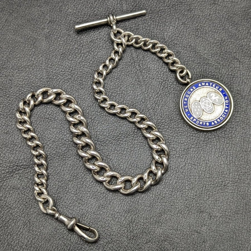 1920年代 英国アンティーク 極太 純銀(925シルバー)アルバートチェーン 75g メダルフォブ