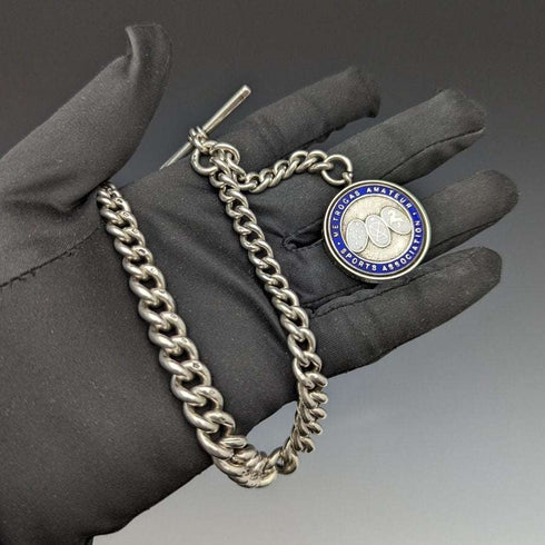 1920s British Antique Extra Thick Pure Silver (925 Silver) Albert Chain 75g Medal Fob